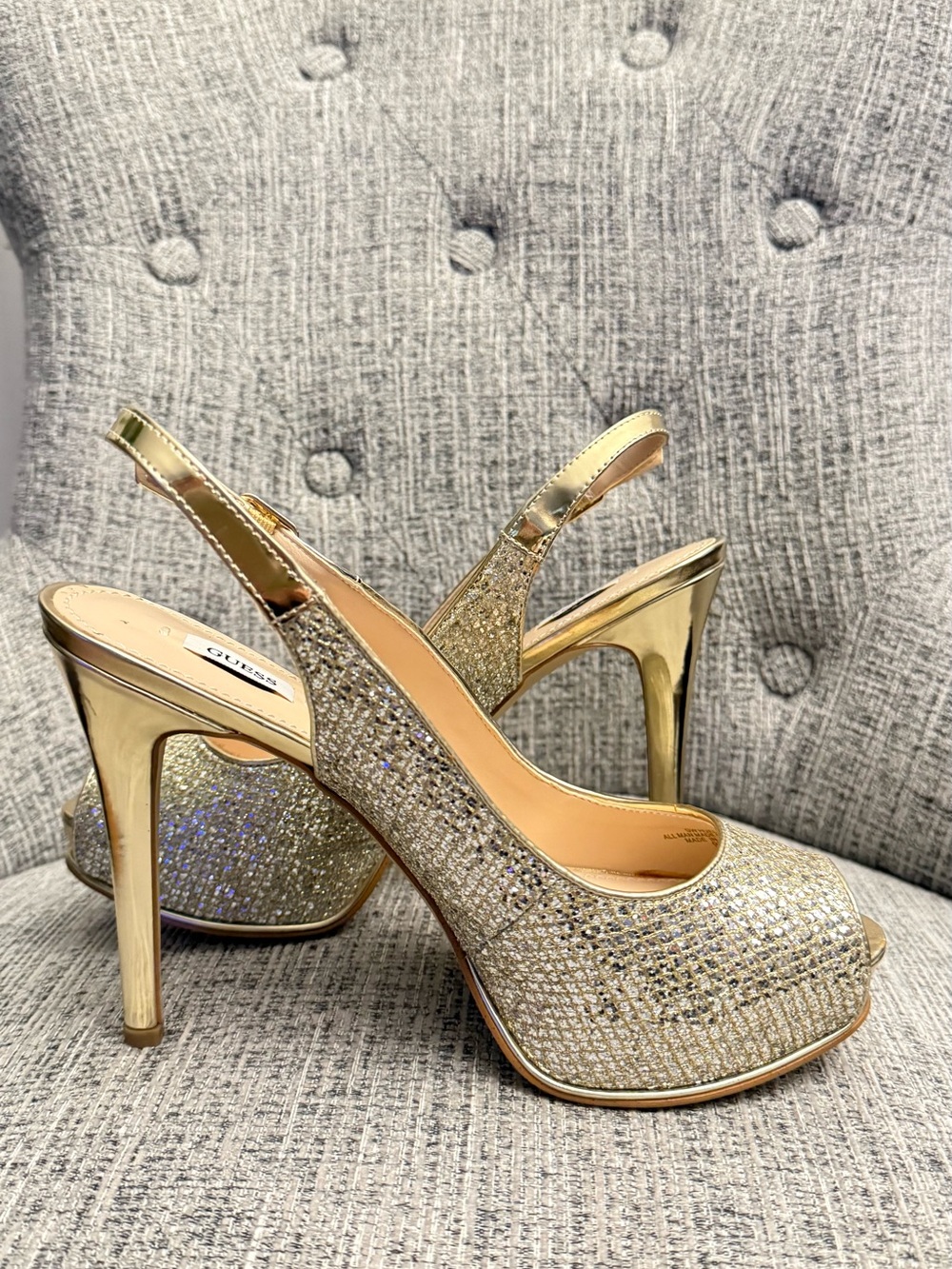 GUESS Gold Glitter Slingback Peep-Toe Heels